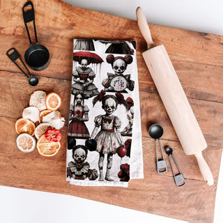 spooky doll kitchen towel for horror themed home
nightmare clown girl towel scary halloween present
creepy doll artwork towel for eerie fall decorations