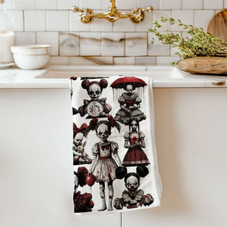 scary clown girl tea towel for october entertaining
creepy red balloon clown towel for halloween coffee bar
halloween kitchen décor towel with terrifying clown dolls