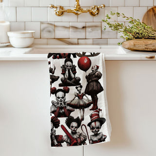 scary clown girl tea towel for october entertaining
creepy red balloon clown towel for halloween coffee bar
halloween kitchen décor towel with terrifying clown dolls
