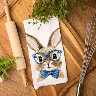 Blue Bunny: Blue embroidered glasses, blue bow tie, natural tan fur
Pink Bunny: Pink embroidered glasses, pink bow tie, natural tan fur
