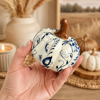 Elegant fall decor with chinoiserie pumpkins
Blue floral pumpkin decorations for autumn
elegant halloween pumpkin decor chinoiserie style
blue white pumpkins for fall and winter home decor
harvest decor pumpkins blue white neutral aesthetic