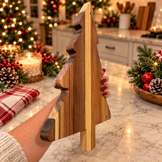 Tree-shaped charcuterie board in a rustic Christmas tablescape
Wooden Christmas food board with traditional red and green décor
Holiday grazing board displayed in a cozy farmhouse kitchen
Christmas tree cutting board styled for seasonal home entertaining
Festive wooden serving board beside a mug of hot chocolate
Acacia wood Christmas platter with rustic woodland decorations