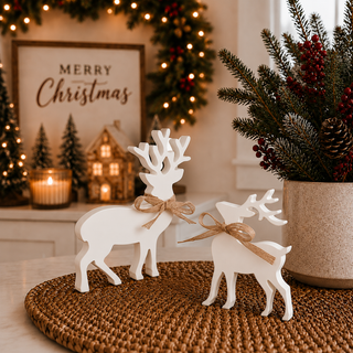 Set of two white wooden reindeer decorations with burlap bows
MDF Christmas reindeer figurines for farmhouse holiday décor
White tabletop reindeer decorations for mantels and shelves
Rustic wooden deer pair for neutral Christmas decorating
Freestanding white reindeer figurines for indoor holiday displays
Christmas reindeer centerpiece for a farmhouse dining table
White wooden deer decorations for Scandinavian Christmas décor
Large and small reindeer figurines for holiday shelf styling