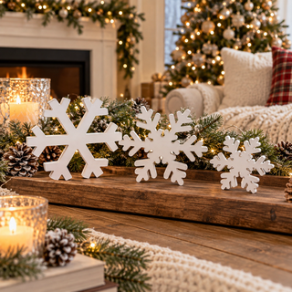 Wooden Snowflake Decorations, White Christmas Decor Set, Farmhouse Winter Holiday Tabletop Decor
