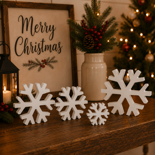 Modern farmhouse white snowflake Christmas decorations
Rustic farmhouse wooden snowflake décor
Neutral Christmas decorations with white snowflakes
Scandinavian-style wooden snowflake decorations
Minimalist white Christmas snowflake figurines
Cottage Christmas décor with wooden snowflakes
Rustic winter décor with freestanding white snowflakes
Woodland Christmas decorations featuring white snowflakes
Cozy cabin Christmas décor with wooden snowflakes
Traditional Christmas decorating with white snowflake accent