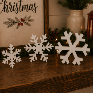 Large and small white snowflake figurines for shelf styling
Wooden snowflake Christmas decorations for a fireplace mantel
White snowflakes for a Christmas village or tabletop display
Rustic winter wonderland decorations made from MDF
White wooden snowflake trio for modern farmhouse holiday décor
Indoor Christmas snowflake decorations for shelves and tables
Decorative white snowflakes with assorted six-point designs