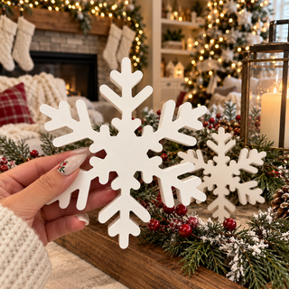 Wooden snowflake set for a Secret Santa gift
Christmas hostess gift with winter snowflake décor
White wooden snowflakes for a holiday gift basket