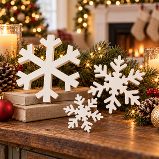 Christmas snowflake tabletop decor in warm holiday home setting
wooden snowflake decoration held in hand with Christmas tree background