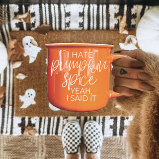 halloween themed mug with modern bold font
fall mug for snarky friends and coworkers
orange ceramic fall mug with cozy background
funny seasonal mug in autumn gift box