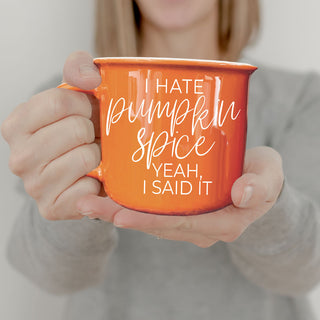 halloween coffee cup with cheeky phrase
autumn drinkware for sarcastic coffee lovers
funny fall mug next to pumpkins and leaves
orange coffee mug in cozy fall flatlay