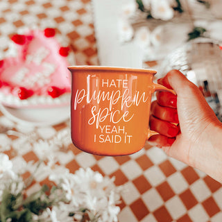 funny fall mug with strong opinion about pumpkin spice
giftable fall coffee mug for snarky friends
orange autumn mug on marble countertop
fall and halloween novelty mug for adults