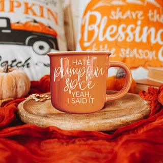 orange fall mug on rustic wooden tray
funny autumn mug with cozy blanket and candles
halloween coffee mug for sarcastic friend
fall gift idea for pumpkin spice haters