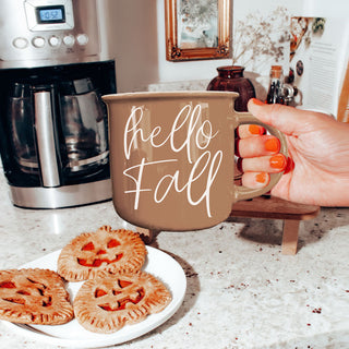 hello fall fall kitchen mug near coffee maker
hello fall mug for PSL bar and hot cocoa station
hello fall fall lover mug for home or office