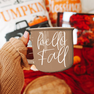hello fall autumn vibes drinkware
hello fall mug for farmhouse tiered tray
hello fall seasonal mug for kitchen shelf styling