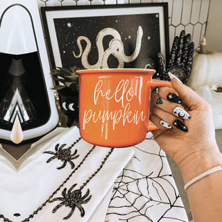pumpkin inspired coffee mug with cozy fall vibes
hello pumpkin mug for fall coffee bar decor
orange fall mug perfect for PSL pumpkin spice latte