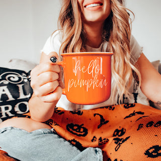 Bulk fall themed coffee mug in neutral boho bedroom
hello pumpkin mug close up of orange enamel style
pumpkin patch ready mug with hello pumpkin quote wholesalers usa