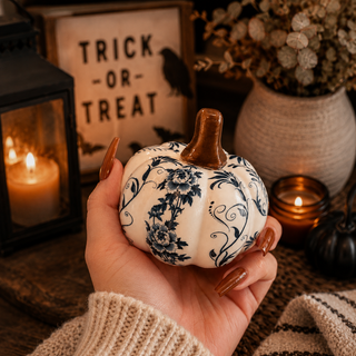chinoiserie pumpkin decor for fall and halloween styling
blue and white decorative pumpkins for seasonal home decor
modern fall decor pumpkins blue and white resin set
blue and white chinoiserie pumpkin decor set for kitchen counter styling
set of 3 blue white pumpkins for neutral fall home decor aesthetic