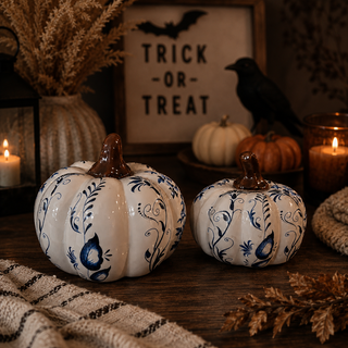 esin chinoiserie pumpkins blue and white for modern farmhouse decor
decorative pumpkins blue white floral pattern for fall home styling
blue and white pumpkins for elegant autumn table centerpiece
chinoiserie pumpkin decor set styled in neutral modern kitchen
blue white pumpkins fall decor styled on marble countertop