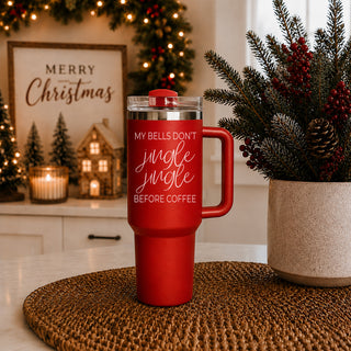 Christmas cups  with handle and lids
Christmas Cups with straws red
Holiday gift tumbler red featuring my bells dont jingle jingle before coffee message
Christmas tumbler with funny coffee quote 40oz red
Christmas white elephant gift tumbler funny 40 oz
Christmas tumbler for coffee lovers - my bells dont jingle jingle before coffee 40oz red