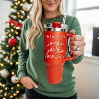Christmas personality tumbler 40oz red
Large 40oz red Christmas tumbler with funny saying
Christmas holiday drinkware 40oz red 
Red stainless steel Christmas tumbler 40oz with my bells don't jingle jingle before coffee