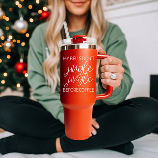 Funny Coffee Christmas Quotes on a Large 40oz Red Tumbler, that reads "My Bells don't Jingle Jingle before coffee"
Christmas season tumbler large for car
Christmas morning coffee tumbler red 40oz