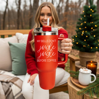 Christmas decor and gift wholesaler
Red Tumblers 40 ounces
Funny Coffee Christmas Quotes on a Large 40oz Red Tumbler, that reads "My Bells don't Jingle Jingle before coffee"