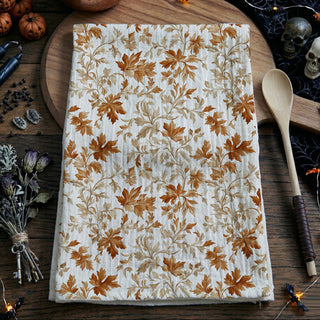 fall themed cotton towel for coffee bar styling
autumn leaf patterned towel for thanksgiving cooking
flour sack fall towel for drying dishes and glassware
autumn harvest kitchen towel with warm leaf colors