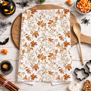fall themed gift box including autumn kitchen towel
thanksgiving hostess basket with fall leaf dish towel
autumn kitchen refresh using leaf patterned towels
fall kitchen essentials autumn leaves flour sack towel
