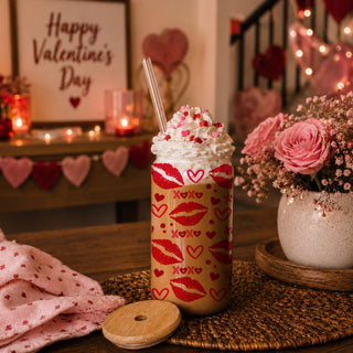 Flirty and fun 20oz glass cups with red lips, hearts, and XOXO for her special day bulk. 
Wholesale 20oz glass cups with pink and red XOXO and hearts for a trendy Valentine’s collection.
Playful wholesale 20oz glass tumblers with red lips, hearts, and XOXO for retail.