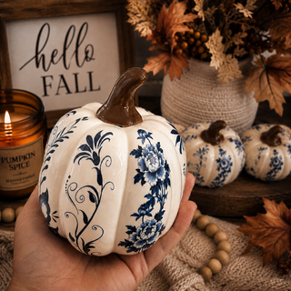 Blue and white pumpkins for harvest season decor
Blue floral pumpkins for elegant home accents
Chinoiserie style pumpkin decor
Blue and white pumpkins for autumn decorating
Ceramic chinoiserie pumpkins for home decor