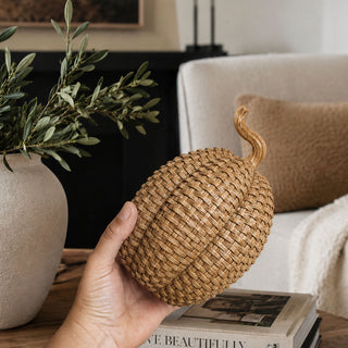 Indoor fall pumpkin decor with rattan inspired texture
Halloween tabletop pumpkin decor with woven look
Fall mantel pumpkin decor set with rattan style
Autumn centerpiece pumpkins with woven resin texture
Luxury pumpkin decor for fall tablescape
Fall table centerpiece with rattan style pumpkins
Resin wicker pumpkins for Thanksgiving and Halloween decor
Neutral pumpkin decorations for fall home styling
Boho farmhouse pumpkin set for autumn decor