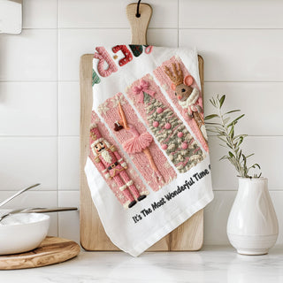 elegant pink holiday towel for upscale kitchen decor
chic christmas kitchen towel pink and green color palette
stylish holiday dish towel nutcracker inspired design
modern luxury christmas kitchen towel pink aesthetic