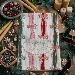 Wholesale pink christmas kitchen towel with ribbon bows and merry bright quote
merry and bright christmas towel with red green and pink bow pattern
holiday kitchen towel with ribbon stripes and bow design farmhouse decor
christmas dish towel pink green red bows festive kitchen decor
cute christmas towel with bows and merry and bright lettering