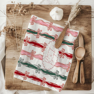 Wholesale christmas baking towel with ribbon details and merry bright theme
decorative kitchen towel with christmas bows and festive colors
holiday kitchen towel aesthetic ribbon pattern christmas decor
cute bow themed christmas towel for cozy kitchen styling
seasonal dish towel with ribbon stripe pattern holiday kitchen