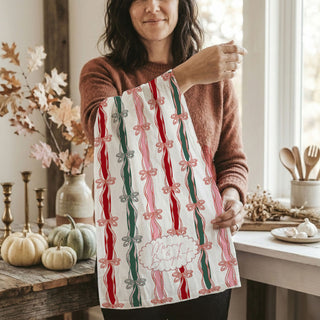pink bow christmas kitchen towel farmhouse holiday decor
merry and bright towel pink green christmas kitchen accessory
christmas dish towel with ribbon bows cute holiday gift idea
festive flour sack towel with bows for christmas kitchen
holiday kitchen towel pink ribbon stripes merry bright quote