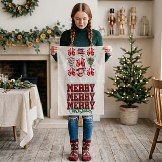 holiday towel with statement christmas lettering kitchen decor
christmas kitchen towel glitter style text festive holiday decor
decorative towel with merry christmas quote bold design
holiday hand towel with layered christmas text graphic
christmas kitchen towel gift idea double sided festive design
holiday towel gift for hostess with santa and merry christmas print