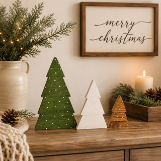 Neutral Christmas décor with white and natural wood trees
Traditional Christmas décor featuring a green wooden tree
Cozy cottage Christmas décor with wooden tree figurines
Scandinavian Christmas decorations made from natural wood
Rustic woodland Christmas décor for a mantel or console table
Modern farmhouse Christmas tree decorations
Wooden Christmas trees for holiday shelf styling
Festive tabletop trees for Christmas home decorating
Boxwood Christmas decorations for an entryway table