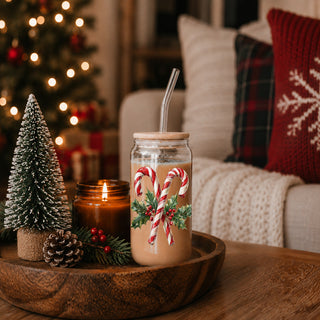Unique Christmas gifts candy cane holly glass cup 17oz - Holiday traditional coffee tumbler bamboo lid straw
Sparkly Christmas coffee mug – holly wreath and candy cane design glass tumbler