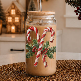 Christmas coffee gifts glass tumbler 17oz - Candy cane holly holiday drinkware bamboo lid - Traditional kitchen accessories
candy cane and holly wreath Christmas coffee cup
festive holiday glass tumbler for kitchen or coffee bar