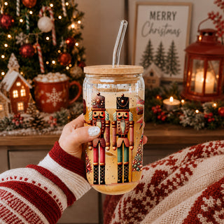 Wholesale Christmas glass cup 17oz with bamboo lid - Nutcracker soldiers boho floral tumbler with glass straw - Holiday drinkware gift
Holiday glass tumbler 17oz - Christmas nutcracker boho style coffee cup bamboo lid - Pink teal festive drinkware with straw