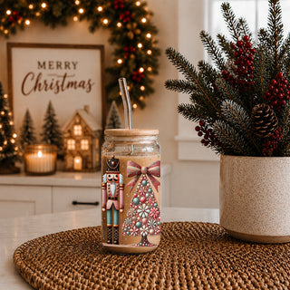 Nutcracker holiday coffee mug – festive glass cup for kitchen or coffee bar decor
Christmas boho style glass cup 17oz glass straw - Nutcracker floral holiday tumbler bamboo lid - Pink teal festive gift
