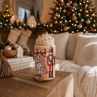 Bulk Sparkly Christmas coffee mug – glass cup with pink, teal, gold accents and glitter
Festive holiday coffee cup – boho Nutcracker soldiers with Christmas tree wrap
Holiday drinkware glass cup 17oz - Christmas nutcracker soldiers boho tumbler bamboo lid - Festive floral coffee gift with straw