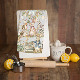 neutral farmhouse kitchen towel spring bunny design
cottage kitchen towel with bunnies and books
watercolor pastel bunny towel farmhouse chic
botanical bunny towel for rustic kitchens