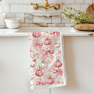 pink pumpkin and bow fall décor for coffee bar
elegant pink pumpkin towel for modern fall kitchen
pink harvest pumpkin tea towel for cottage style décor
pink pumpkin gift idea for autumn housewarming
soft pink pumpkin kitchen towel ideal for bridal fall gifts
