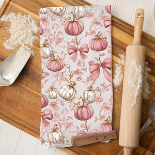 pastel fall kitchen towel with pumpkins and vintage florals
pink farmhouse fall towel hanging on oven handle
chic pink pumpkin tea towel for modern autumn décor
white and blush pumpkin towel for neutral fall kitchen