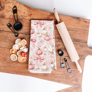 pink pumpkin gift towel for fall housewarming
pastel pink pumpkin hand towel for powder room décor
soft cotton pink pumpkin towel in feminine fall kitchen
pretty fall pumpkin and ribbon towel for bar cart décor