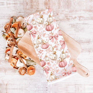 feminine fall kitchen linen with blush pumpkins and bows
pink pumpkin dish towel gift for mom or best friend
pink pumpkin fall kitchen towel for girly décor
soft pink pumpkin décor towel for autumn home