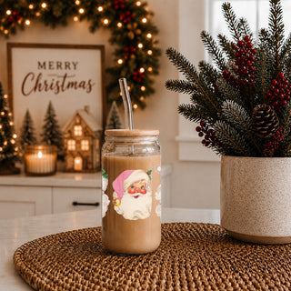 Christmas nostalgia drinkware glass tumbler 17oz - Vintage Santa pink hat bamboo lid - Holiday retro coffee cup
Unique Christmas coffee cup – festive glass tumbler with 2 pink Santa faces
