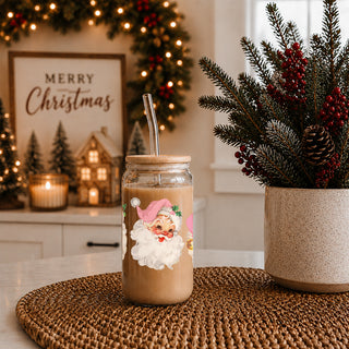 2 vintage Santa faces glass cup for Christmas
pink hat Santa holiday coffee tumbler
Christmas kitchen drinkware with vintage Santa faces
Vintage Santa Face with Pink Hat Christmas Glass CUps and tumblers.