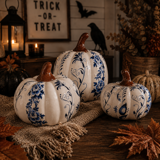 resin blue white pumpkins for elegant halloween decor
neutral chinoiserie pumpkin decor set for fall styling
blue white pumpkin set for coffee table fall decor
blue white pumpkin set for coffee table fall decor
autumn home decor blue and white pumpkins set